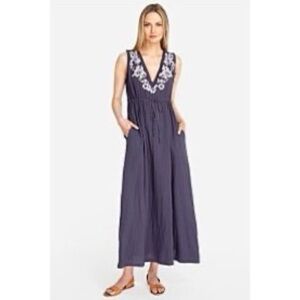 Johnny Was Nica Cotton Gauze Embroidered Floral Maxi Dress Blue XS